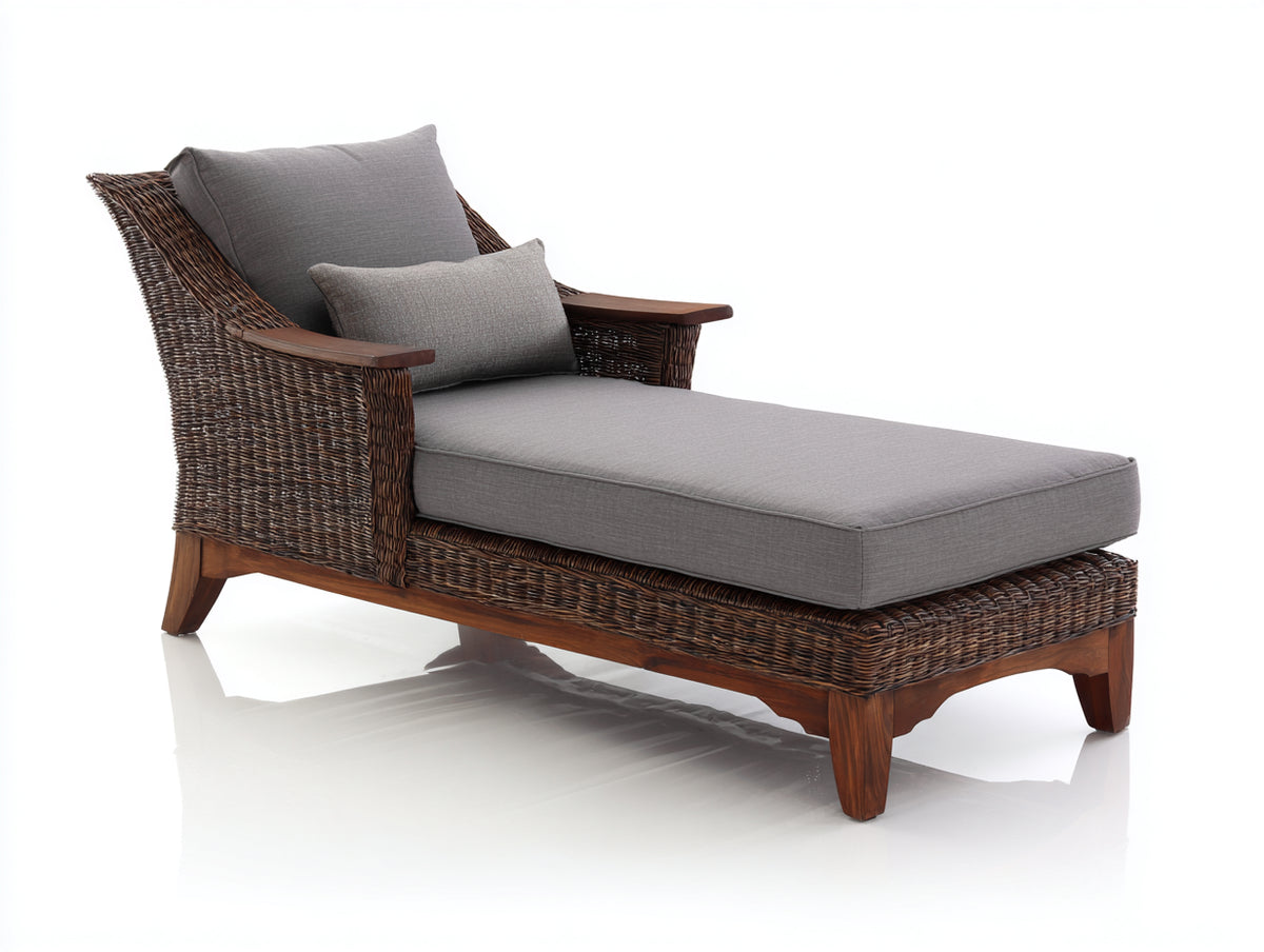 Lettino prendisole - Rattan-Tessuto-Legno - 190x82x91 cm - Grigio-Marrone scuro - Stile coloniale