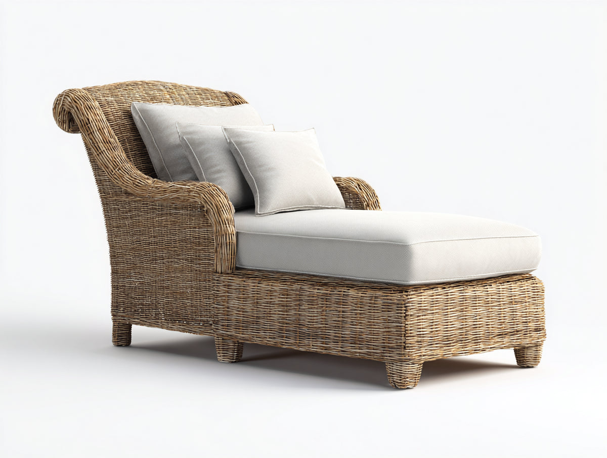 Lettino prendisole - Rattan-Tessuto - 201x89x94 cm - Naturale-Avorio - Stile classico
