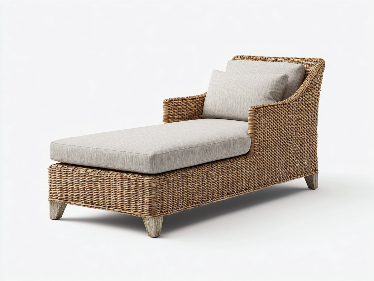 Lettino prendisole - Rattan-Tessuto - 186x79x90 cm - Beige-Marrone chiaro - Stile mediterraneo
