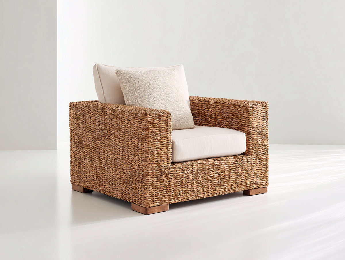 Poltrona da giardino - Rattan sintetico-Tessuto - 93x89x80 cm - Marrone miele-Avorio - Rustico moderno