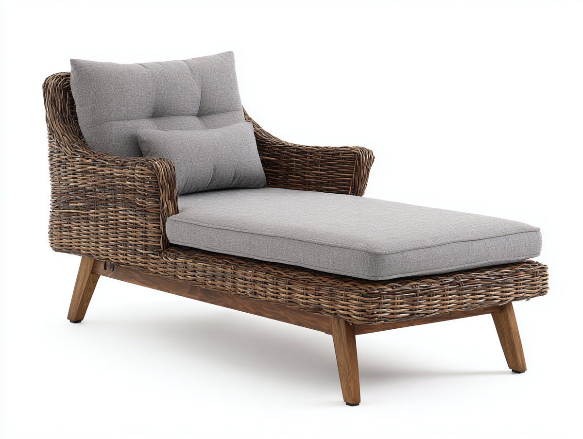 Lettino prendisole - Rattan-Tessuto-Legno - 203x88x91 cm - Marrone-Grigio chiaro - Stile contemporaneo