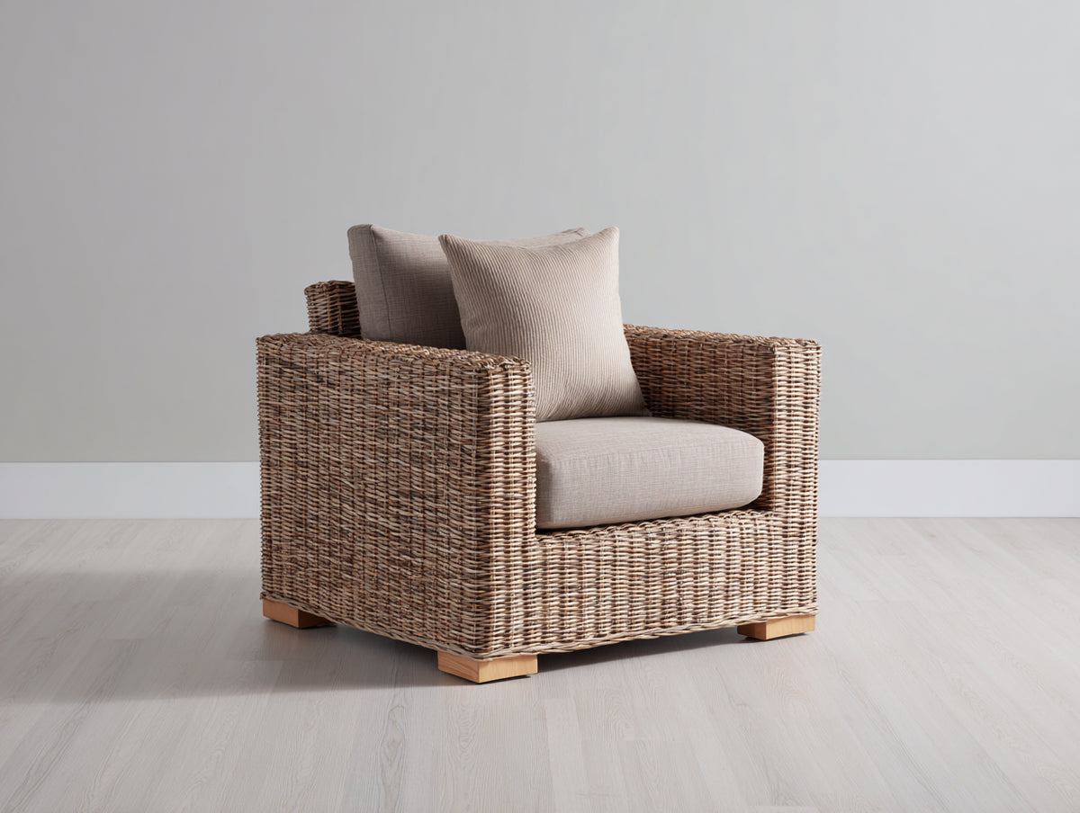 Poltrona da giardino - Rattan sintetico-Tessuto - 91x86x81 cm - Naturale-Tortora chiaro - Naturale contemporaneo